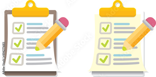 vector cartoon Clipboard icons set with green checkmarks and orange pencil isolated on transparent background. Checklist vector flat style symbol collection. to do list logo