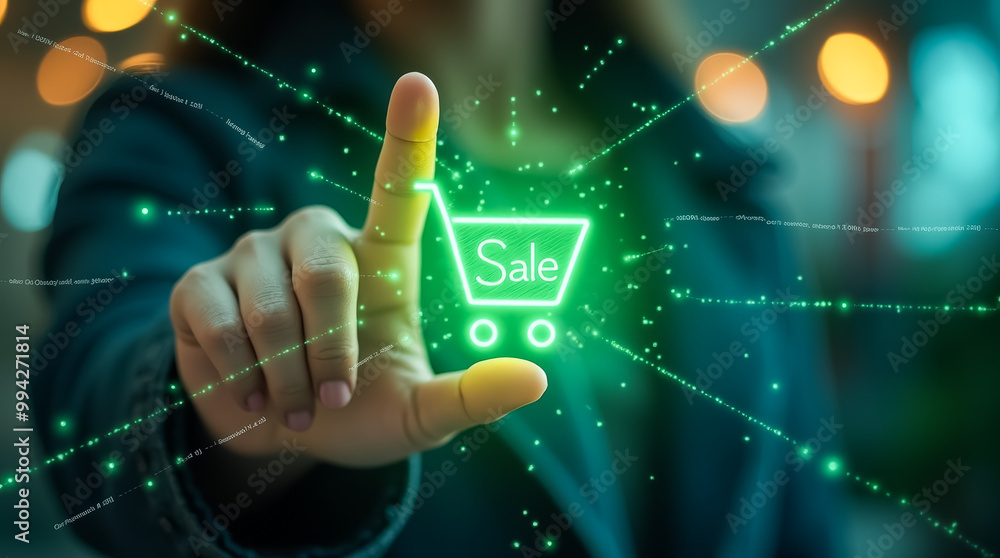 A hand reaches towards a green glowing shopping cart icon, highlighting a sale in a modern retail space illuminated with vibrant lights during evening hours A hand reaches towards a green glowing shopping cart icon, highlighting a sale in a modern retail space illuminated with vibrant lights during evening hours