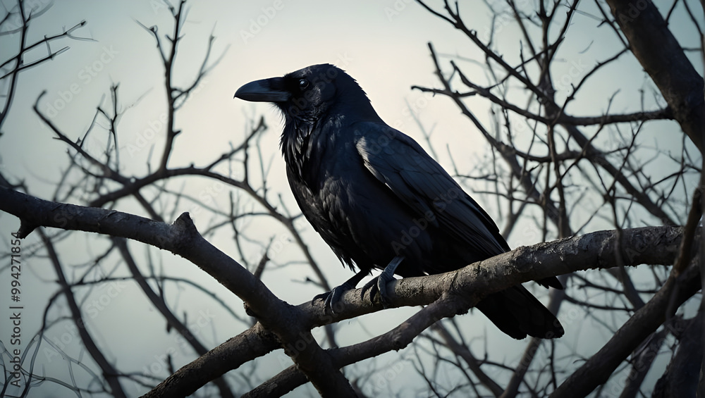 Black raven on spooky tree branch background. Halloween concept. Black raven on spooky tree branch background. Halloween concept.