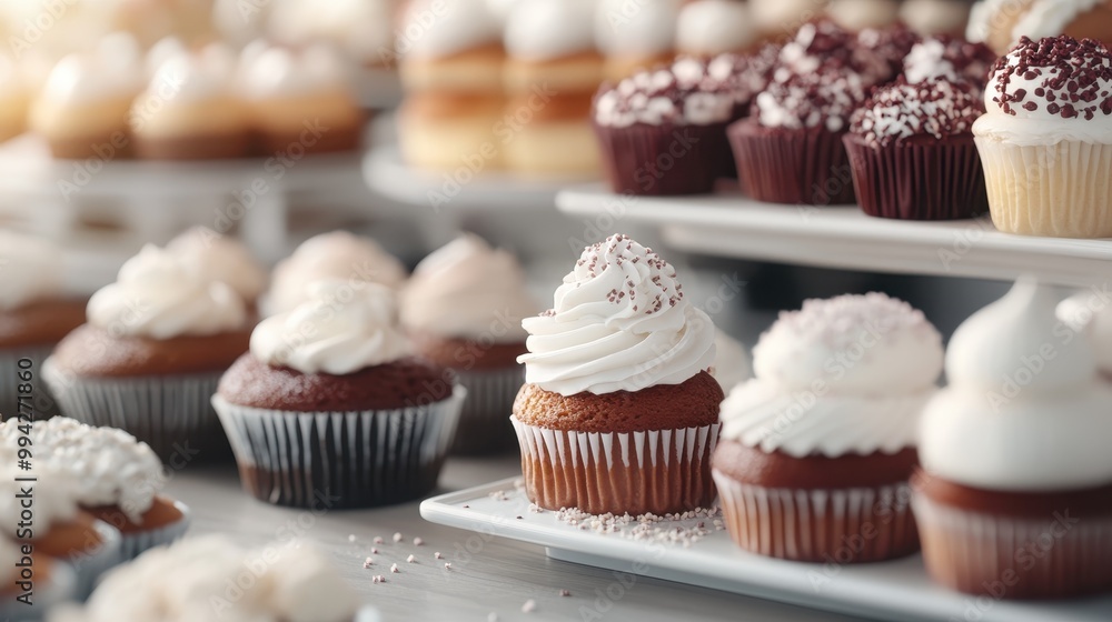 A delightful assortment of cupcakes on display at a bakery, featuring various toppings and icing, arranged on multiple trays, creating a visually appealing presentation of desserts. A delightful assortment of cupcakes on display at a bakery, featuring various toppings and icing, arranged on multiple trays, creating a visually appealing presentation of desserts.