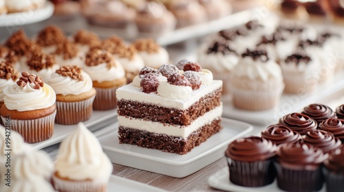 A chocolate and vanilla layered cake adorned with cream and topped with cherries, surrounded by an array of beautifully frosted cupcakes of various flavors.