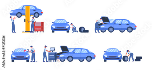 Cartoon Color Characters People Car Service Workers Concept Flat Design Style. Vector illustration of Worker and Repair Process