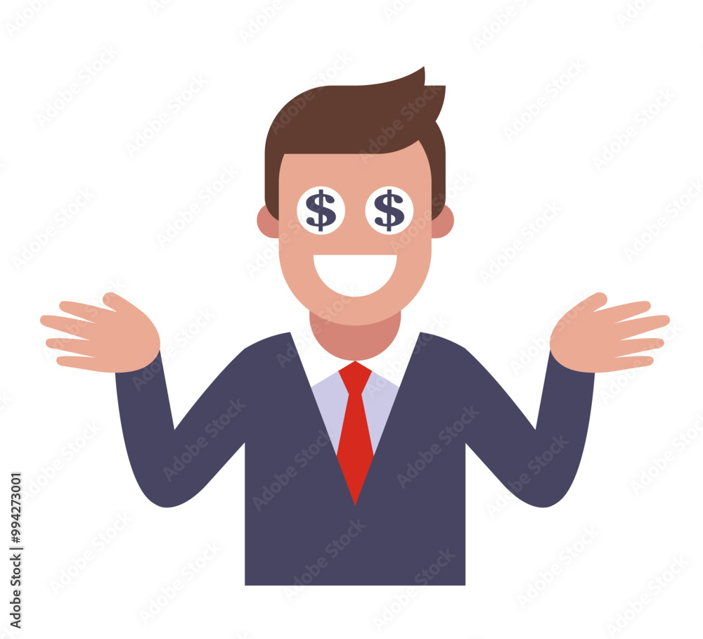 The man has dollars in his eyes. A greedy man is a businessman. The man has dollars in his eyes. A greedy man is a businessman.