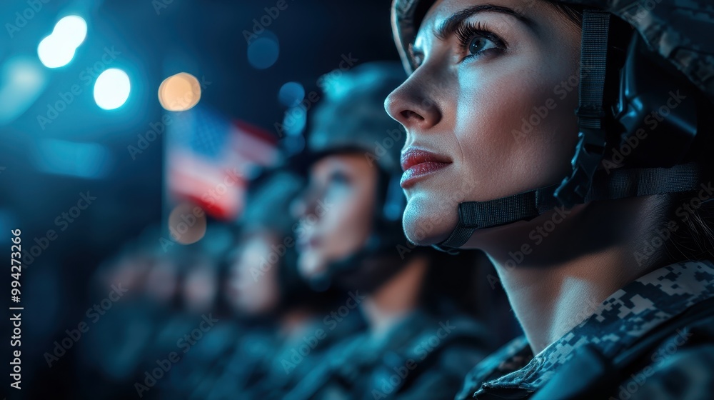 A group of soldiers in uniform stand attentively in formation, with the American flag in the background under dramatic lighting, symbolizing patriotism, duty, and discipline. A group of soldiers in uniform stand attentively in formation, with the American flag in the background under dramatic lighting, symbolizing patriotism, duty, and discipline.