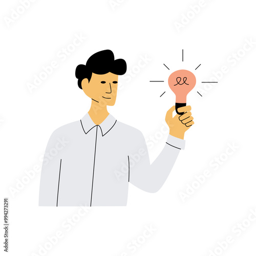 Businessman holds a light bulb in his hand. Flat illustration