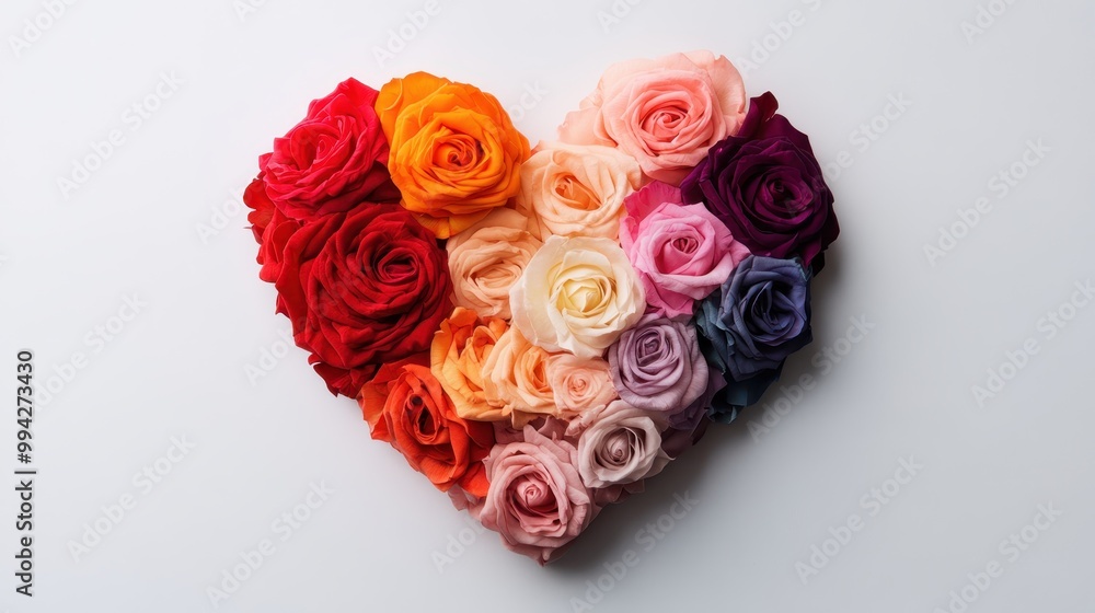 A vibrant heart made of roses in various colors like red, yellow, and purple representing a blend of love, passion, and beauty, displayed against a light background. A vibrant heart made of roses in various colors like red, yellow, and purple representing a blend of love, passion, and beauty, displayed against a light background.