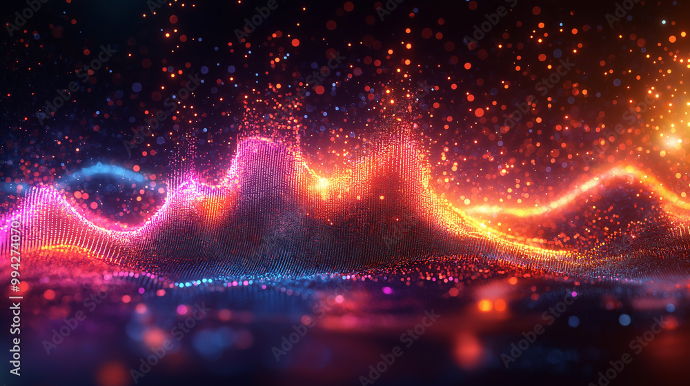 Obraz premium A colorful, abstract image of a wave with bright colors and glowing dots