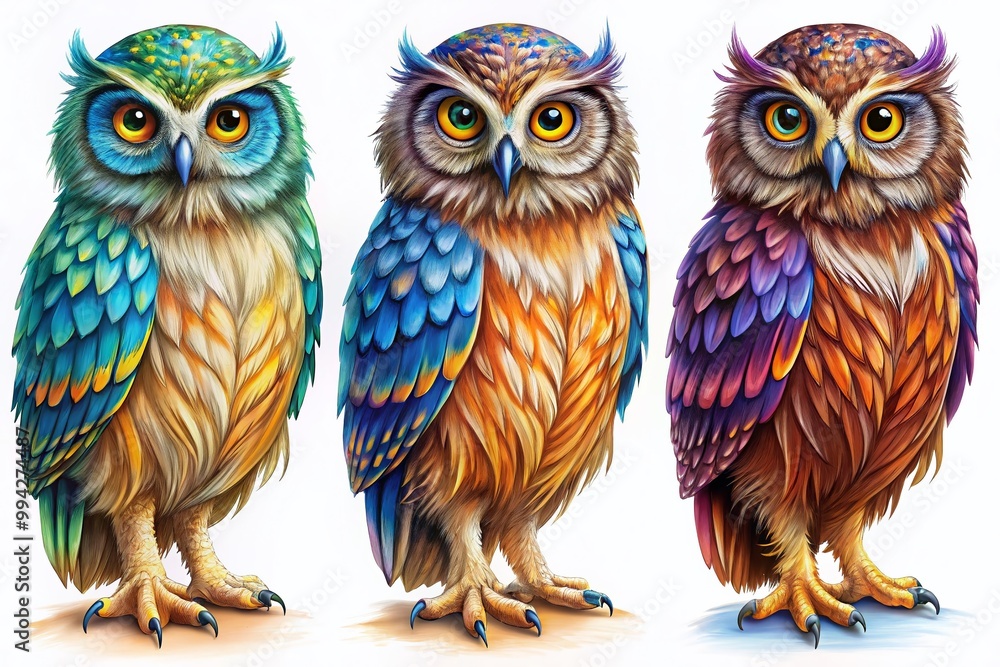 Fototapeta premium Humorous Illustration of Drawing Steps Featuring an Owl with Incomplete and Complete Versions Side by Side