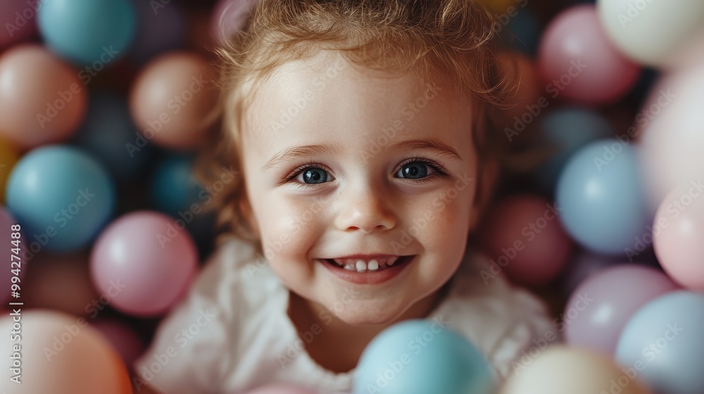 A joyful infant grins widely while nestled comfortably among a collection of colorful play balls, capturing the charm and innocence of early childhood. A joyful infant grins widely while nestled comfortably among a collection of colorful play balls, capturing the charm and innocence of early childhood.