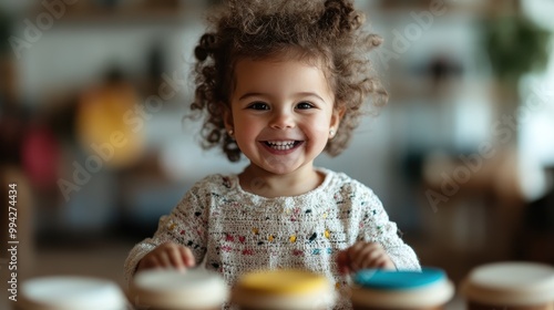 A cheerful little girl with curly hair beams as she plays with drums, reflecting joy, energy, and the spirited delight of musical exploration.