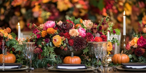 autumn-themed tablescape with a centerpiece of seasonal flowers, pumpkins, and candles, set against a backdrop of colorful fall foliage, elegant and festive. -- photo