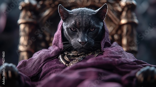 A majestic black cat with piercing eyes sits regally on an ornately carved throne, draped in a rich purple velvet cloth and adorned with golden jewelry.