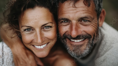 This closeup image shows a couple with genuine, joyful smiles, capturing their harmonious relationship, with an emphasis on their warm and open expressions.