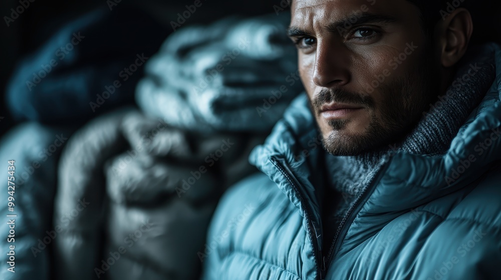 A man in a blue jacket looks into the distance with a serious expression. The scene conveys a sense of thoughtfulness and contemplation in a cold environment. A man in a blue jacket looks into the distance with a serious expression. The scene conveys a sense of thoughtfulness and contemplation in a cold environment.