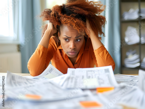 A man sits at a table with his head in his hands, financial papers scattered. photo