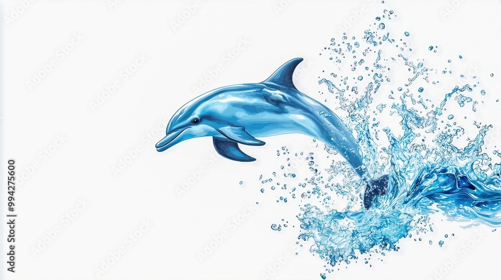 Fototapeta premium Dolphin leaps from water, creating splashes, dynamic and vibrant, white isolate background.