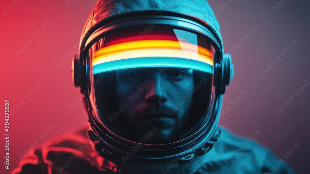 This image depicts an astronaut wearing a futuristic helmet illuminated with vibrant red and blue lights, representing the fusion of technology and space adventure. This image depicts an astronaut wearing a futuristic helmet illuminated with vibrant red and blue lights, representing the fusion of technology and space adventure.