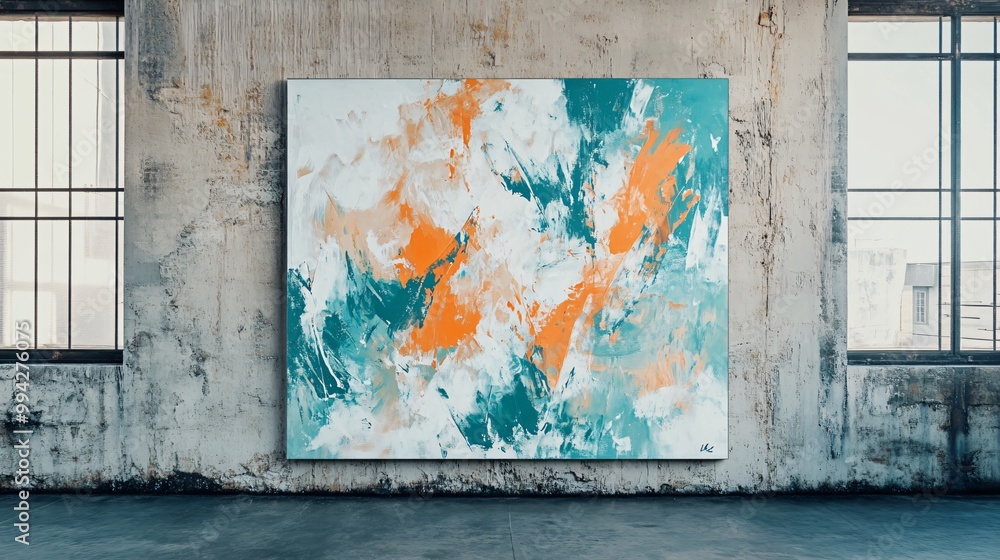 Naklejka premium A large abstract canvas with dynamic brushstrokes of teal, orange, and white, displayed against an exposed concrete wall in an urban loft space