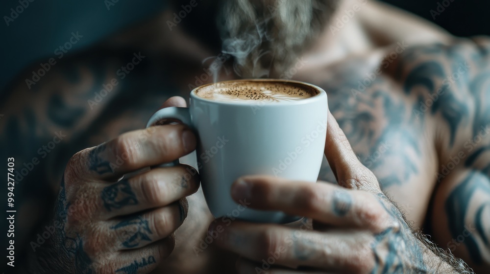 A tattooed man sipping a hot beverage from a white ceramic mug, reflecting a blend of ruggedness, modern lifestyle, and reflective moment. A tattooed man sipping a hot beverage from a white ceramic mug, reflecting a blend of ruggedness, modern lifestyle, and reflective moment.