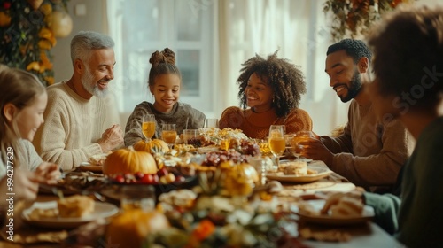 The family gathered around the festive table for Thanksgiving. Family traditions