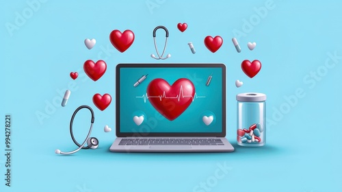 A creative representation of digital healthcare, featuring a laptop, heart symbols, and medical tools on a vibrant blue background. photo