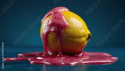 lemon with dripping pink sauce on blue background