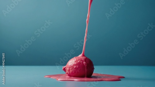 lemon with dripping pink sauce on blue background