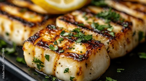 Close-up of chargrilled halloumi cheese, adorned with herbs and lemon wedges, offering a savory and visually appealing dish perfect for cheese enthusiasts. photo