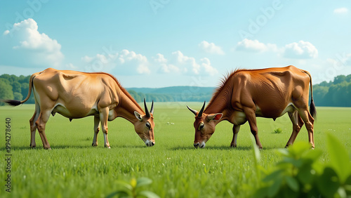 Uma foto realista de animais carnívoros e herbívoros pastando em pastos verdes, com pássaros voando no céu acima. A cena captura o equilíbrio da natureza, mostrando animais como cervos e vacas se alim photo