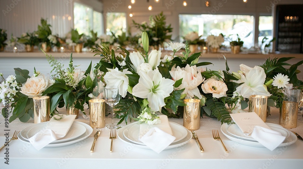 A table adorned with formal white and gold cutlery, set amidst lush floral centerpieces and verdant greenery A table adorned with formal white and gold cutlery, set amidst lush floral centerpieces and verdant greenery