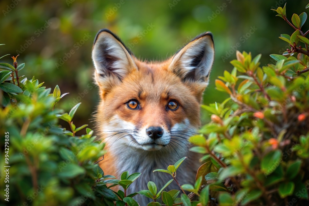 Fototapeta premium Curious red fox peering from bush