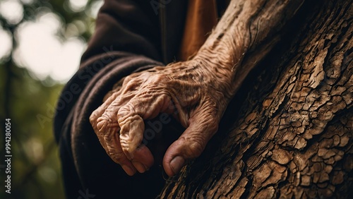 old elderly hands and old tree concept