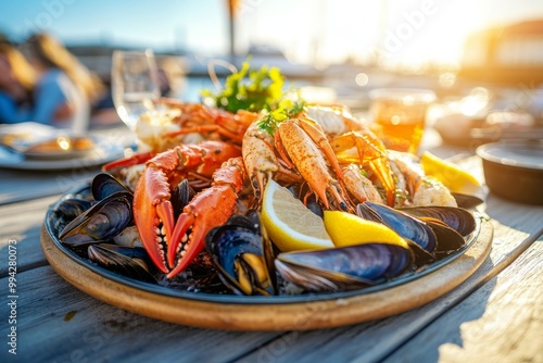 A vibrant seafood platter that showcases fresh shrimp, crabs and mussels. The sun sets in the background, creating a warm atmosphere. Perfect for culinary delights. Generative AI