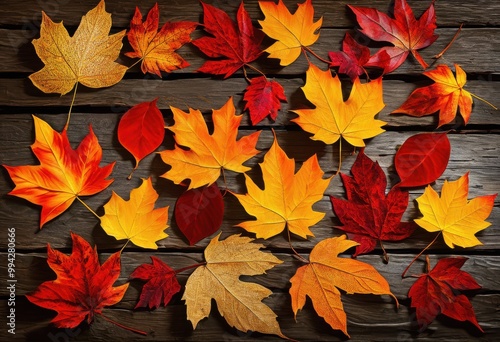 vibrant colorful autumn leaves artistically scattered rustic wooden surface capturing beauty fall, foliage, orange, yellow, green, nature, outdoor, background