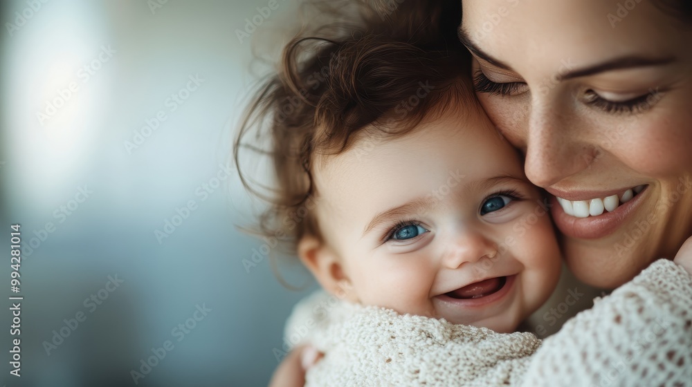 A radiant baby with curly hair is lovingly hugged by a beaming mother, exemplifying an intimate bond that exudes warmth, joy, and unconditional love. A radiant baby with curly hair is lovingly hugged by a beaming mother, exemplifying an intimate bond that exudes warmth, joy, and unconditional love.