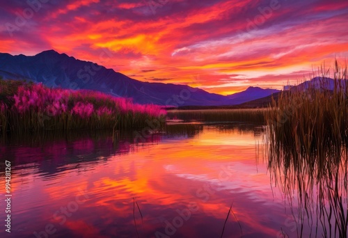 vibrant sunset illuminating tranquil water surface brilliant colors calming reflections, light, sky, horizon, evening, nature, beauty, radiance, orange