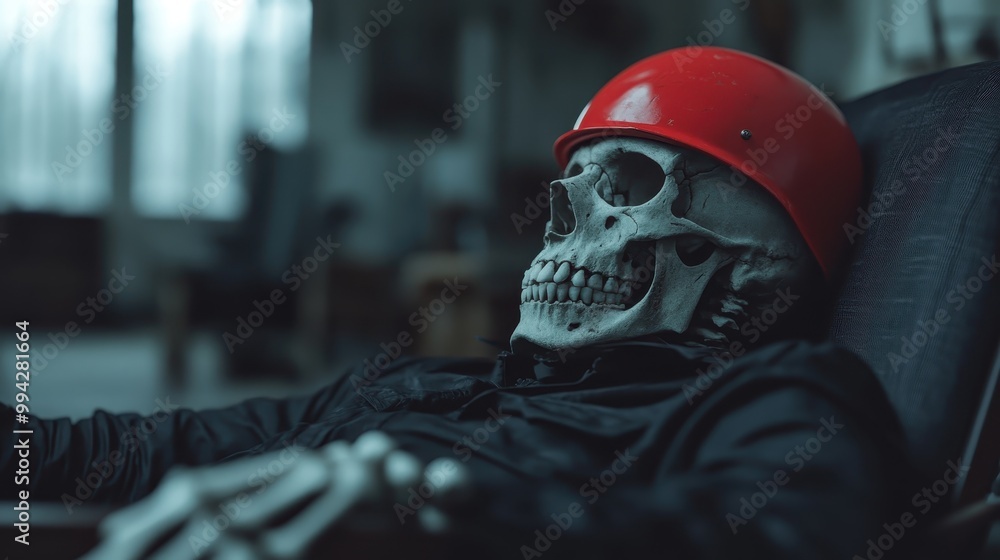 Fototapeta premium A skeleton wearing a vibrant red helmet, dressed in dark attire, is sitting in an armchair in a dimly lit room, exuding a blend of eerie and contemplative ambiance.