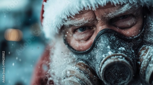 Santa Claus standing in a snowy winter scene with soft-focused snowflakes falling around, creating a festive and magical atmosphere of joy and wonder.