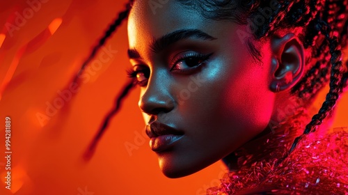 This image features a woman posing with vibrant colors and dramatic lighting, highlighted by bold makeup and an intense gaze for a striking visual effect. photo