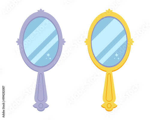 a small mirror for applying women makeup. preening herself in front of the mirror.