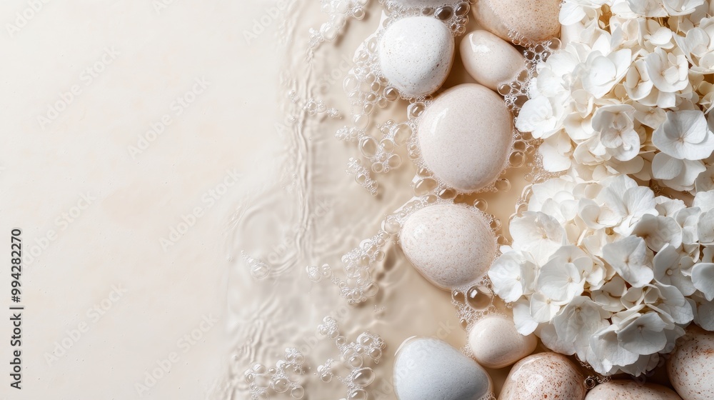 A delicate arrangement of white flowers and smooth stones gently touched by light, surrounded by subtle water ripples, conveying a sense of softness and tranquility. A delicate arrangement of white flowers and smooth stones gently touched by light, surrounded by subtle water ripples, conveying a sense of softness and tranquility.