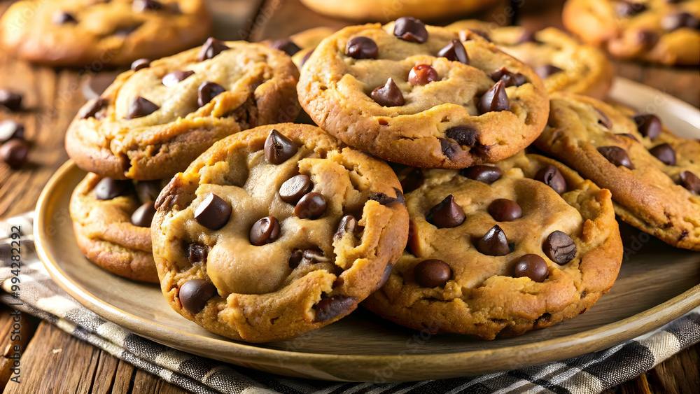 A plate of soft, chewy chocolate chip cookies, with gooey chocolate chips oozing from the warm, golden-brown dough A plate of soft, chewy chocolate chip cookies, with gooey chocolate chips oozing from the warm, golden-brown dough
