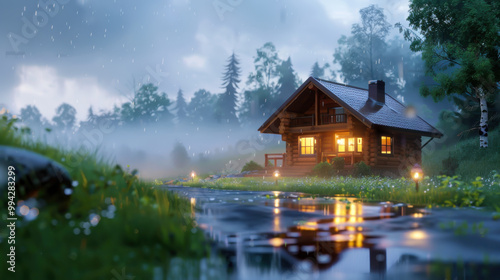 A quaint wooden cabin stands under rainfall, surrounded by lush greenery, with soft lights glowing from its windows.