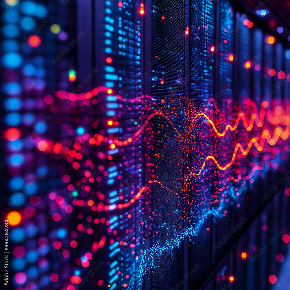 A computer server room with a colorful display of lights A computer server room with a colorful display of lights