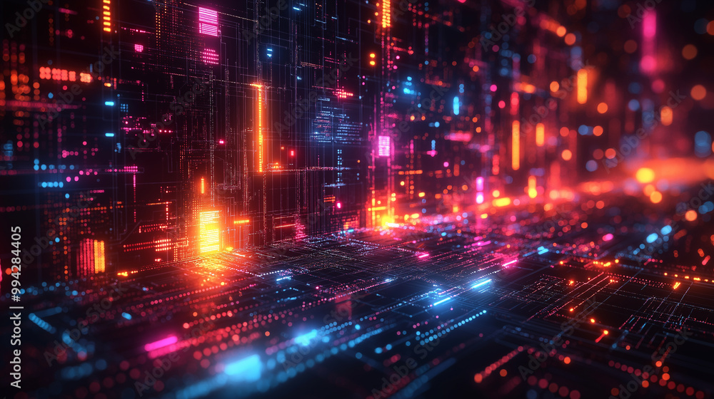 A colorful, neon cityscape with a lot of lights and a lot of squares A colorful, neon cityscape with a lot of lights and a lot of squares