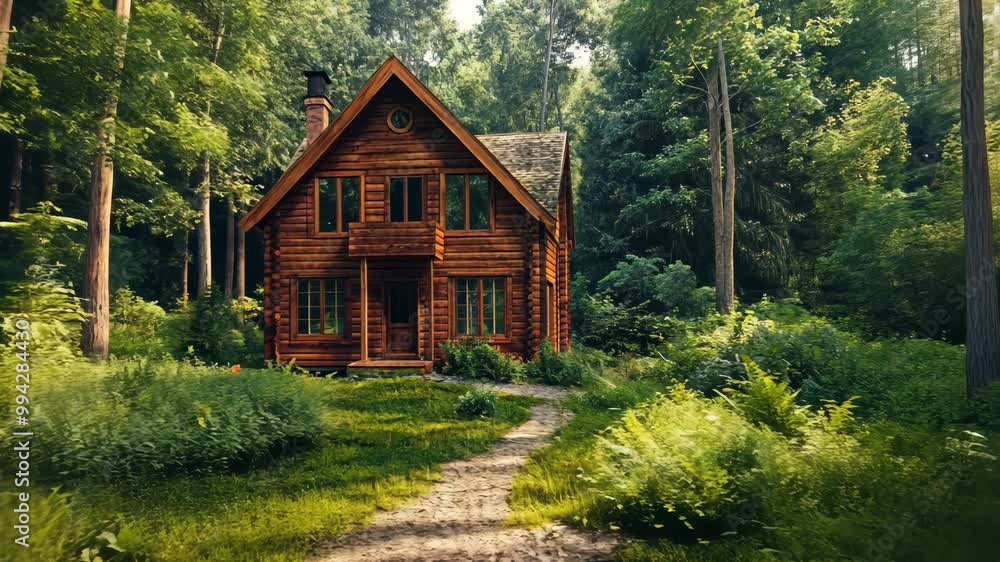 A wooden cabin sits nestled in a dense forest on a sunny day