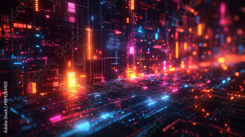 A colorful, neon cityscape with a lot of lights and a lot of squares