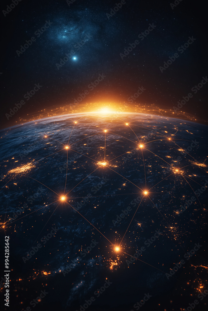 A close up of a planet with a network of lights surrounding it A close up of a planet with a network of lights surrounding it