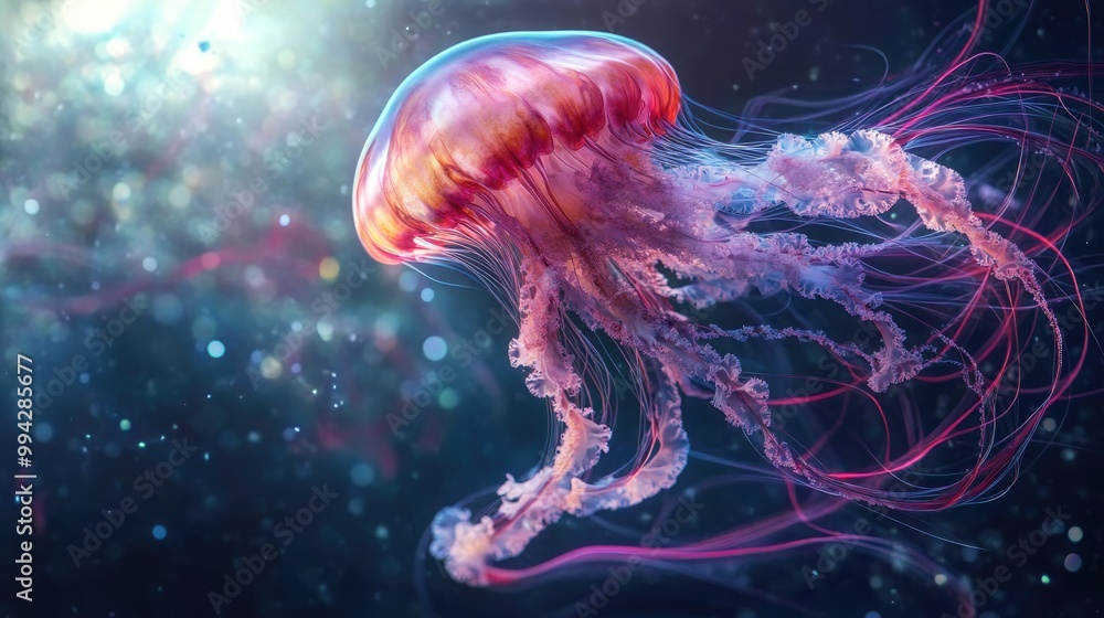 Naklejka premium A surreal composition of a jellyfish whose tentacles morph into delicate floating ribbons conveying a feeling of elegance and serenity