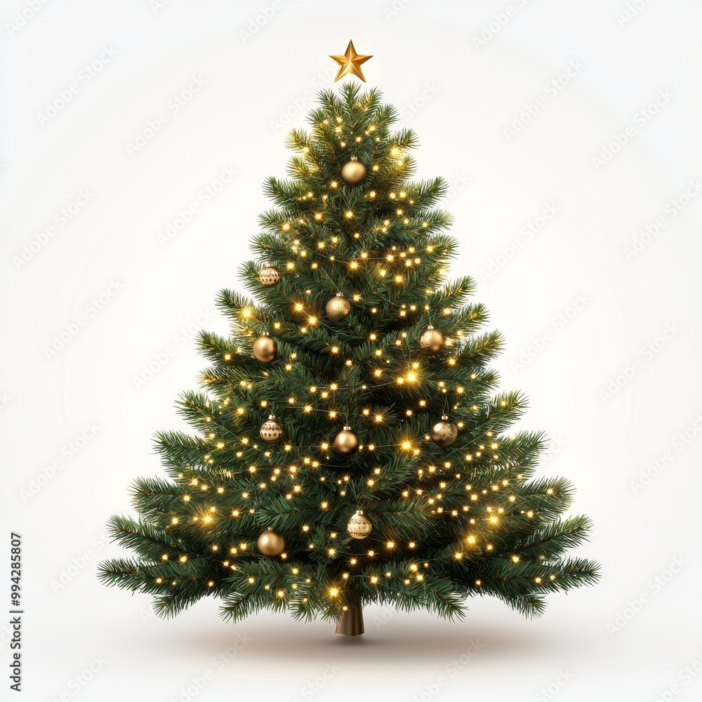 Decorated Christmas tree with lights and ornaments, white background Decorated Christmas tree with lights and ornaments, white background